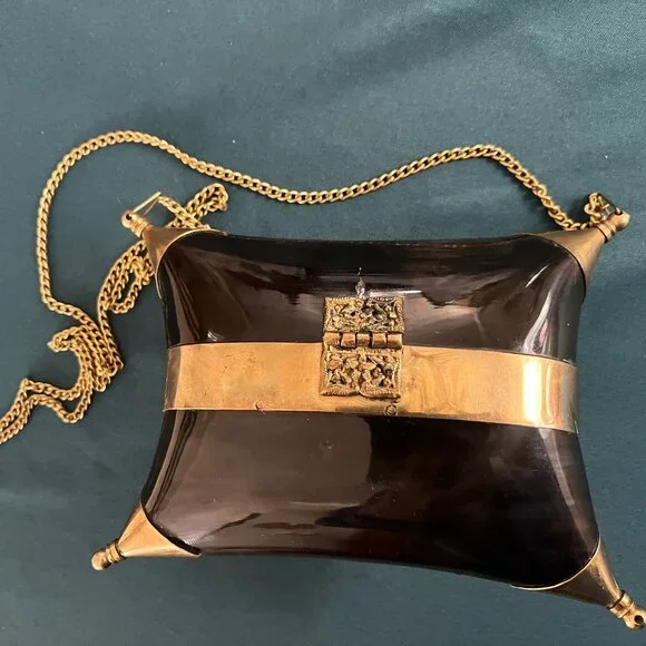Vintage 1930's Brass & Buffalo Horn Pillow Purse Velvet Lining Gold Chain Strap - Picture 3 of 6